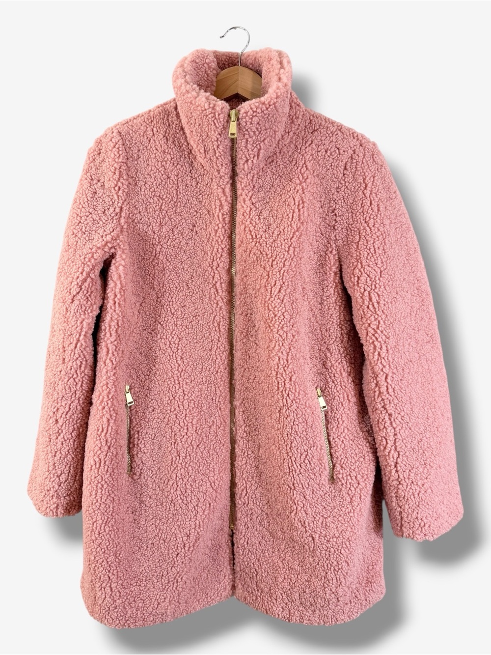 Loft Pink Teddy Coat Size S Faux Fur Sherpa Zip Front Pockets Trench Preppy